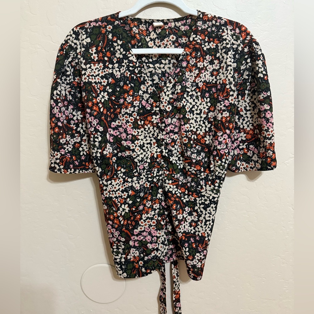 Floral button down shirt with waist tie